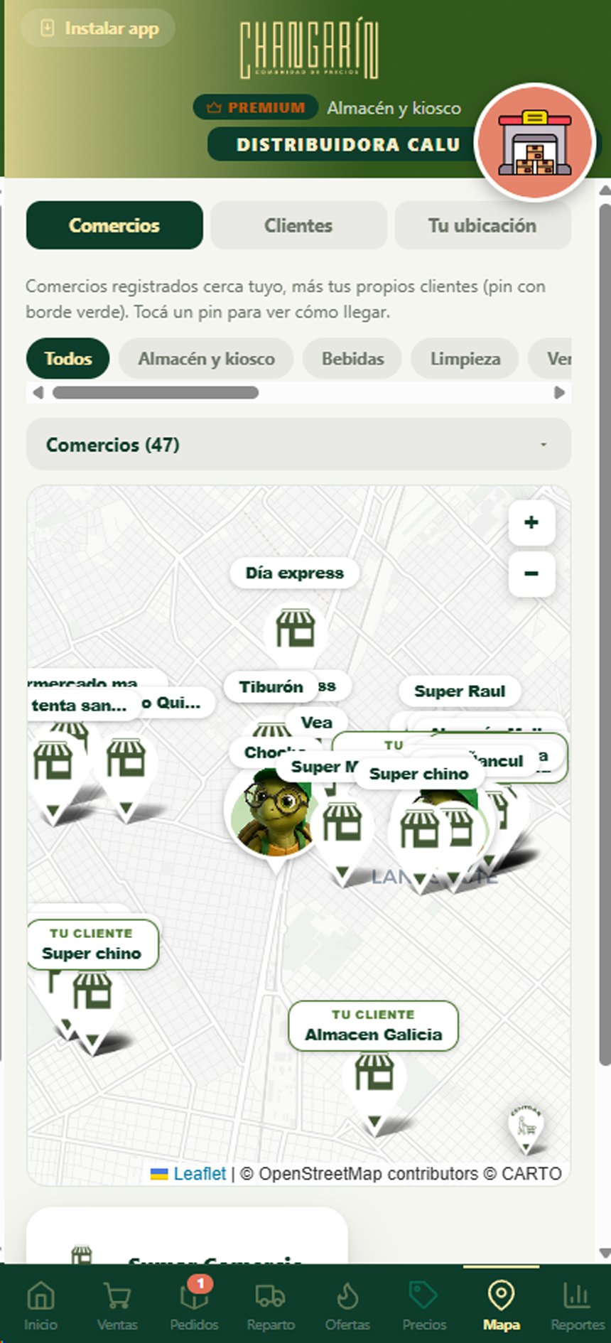 Desglose de comercios por zona en el mapa