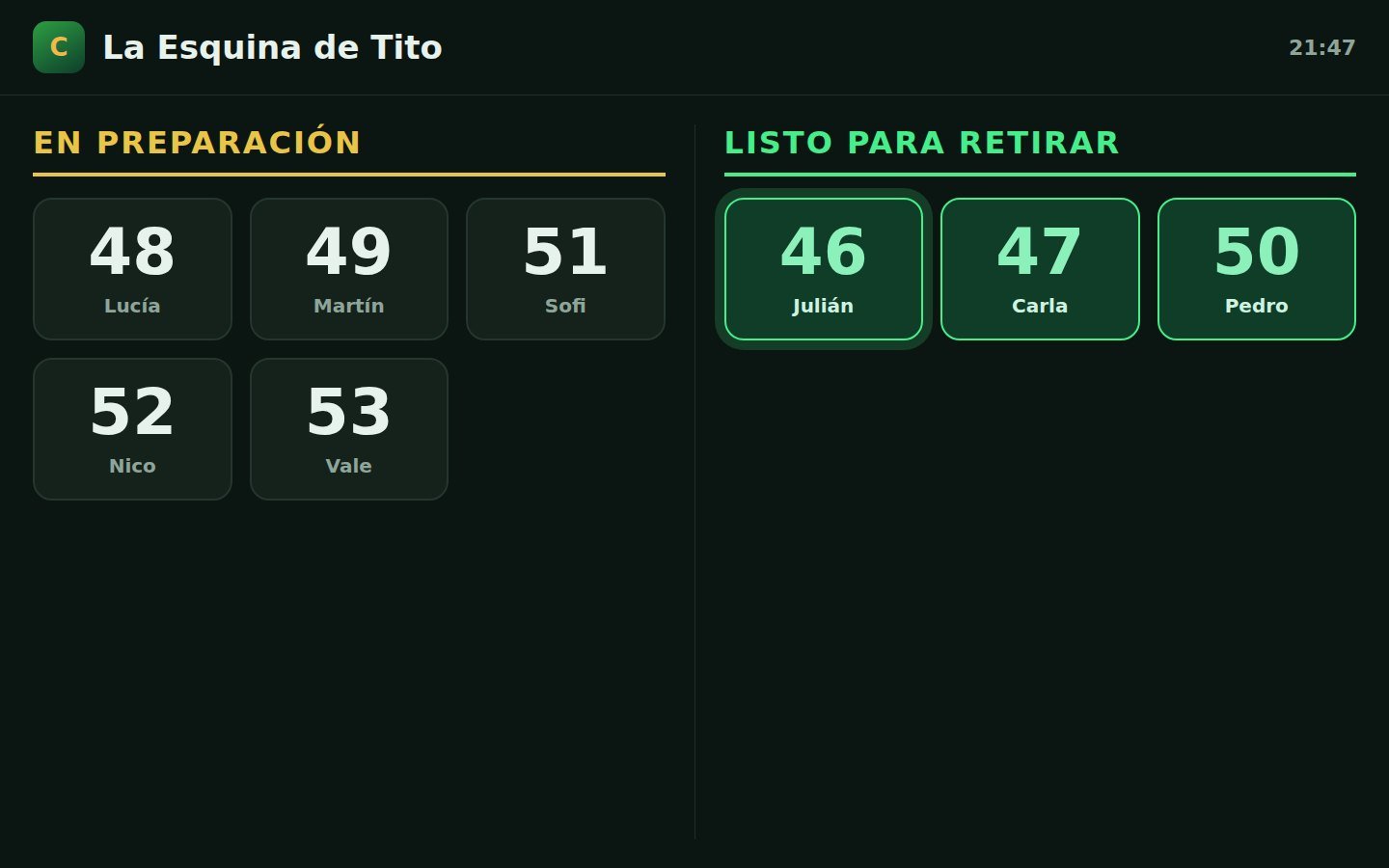 Pantalla de retiro de pedidos para el televisor